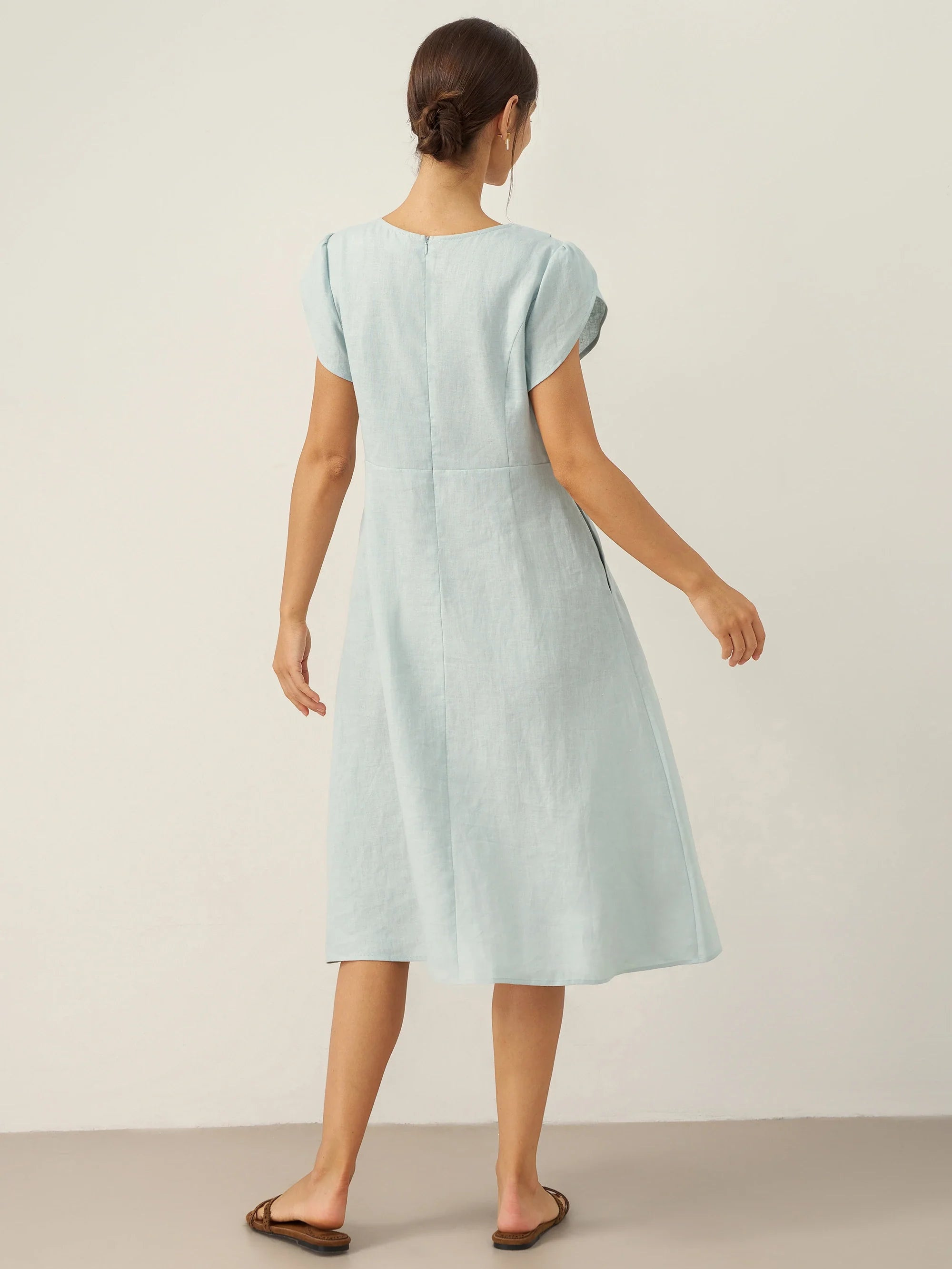 100% Linen Crescent Collar Flutter Sleeve Midi Dress FIONA