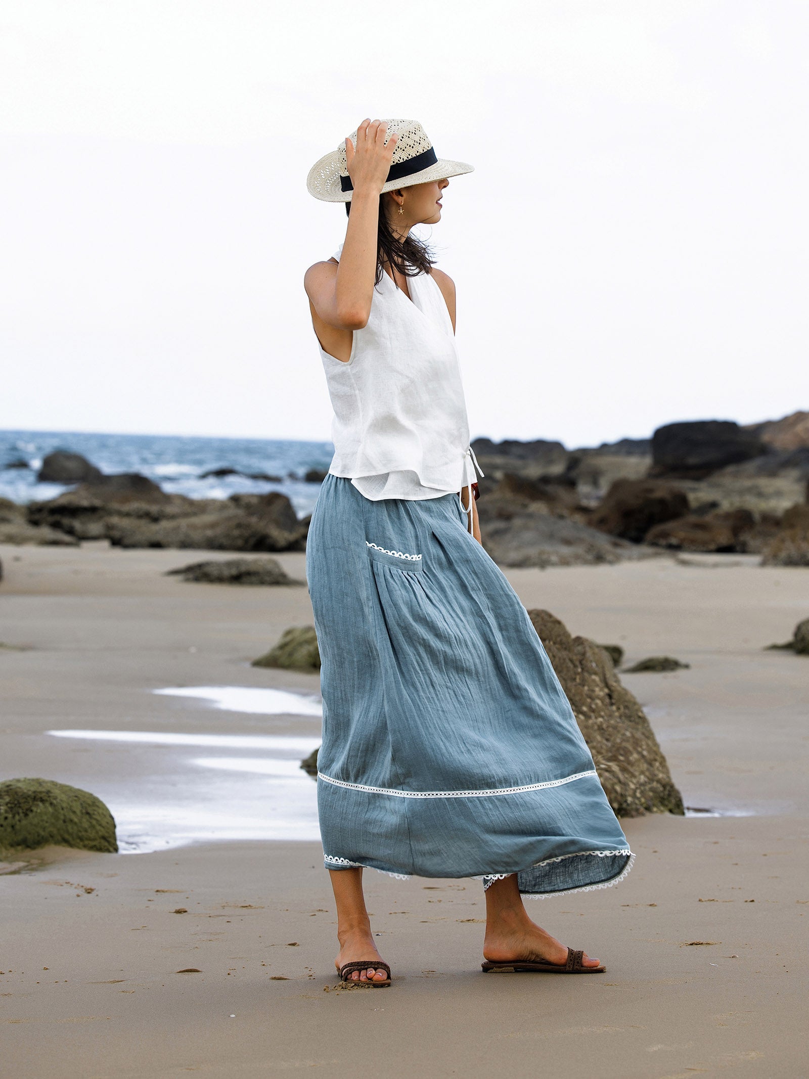 100% Linen Lace-Up Pocket Skirt FENLA