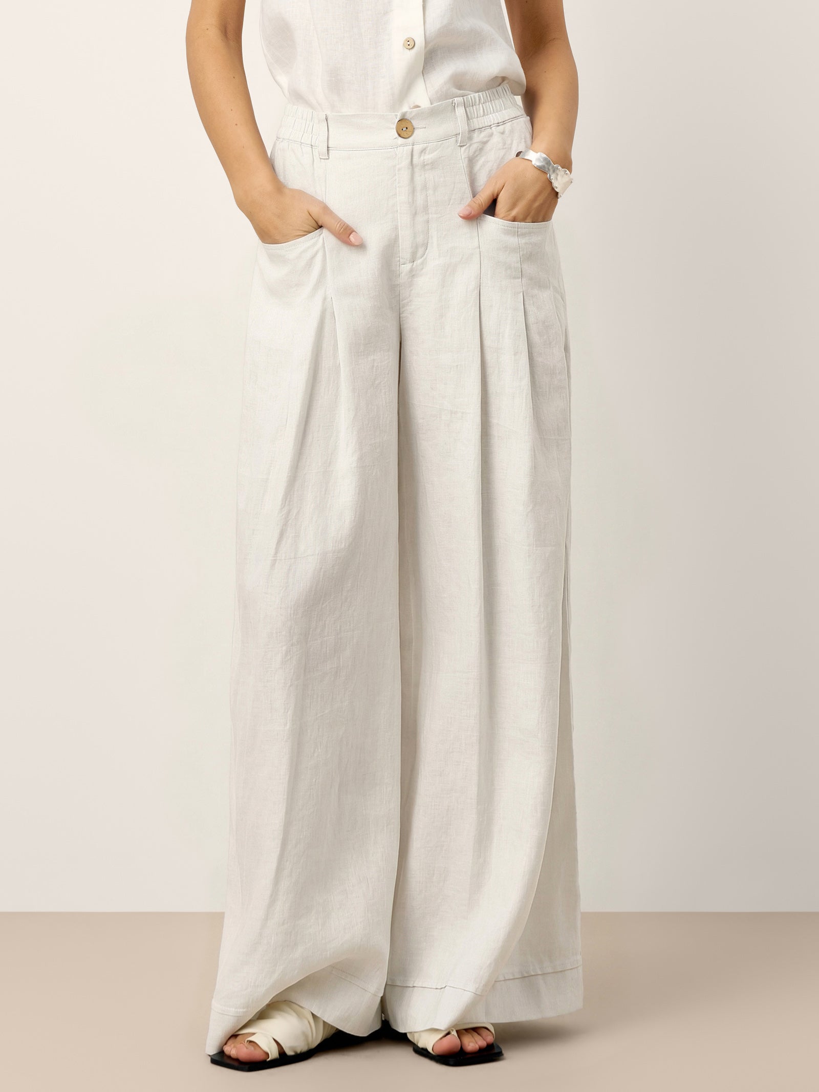 100% Linen Sculpted Pleat Elasticated Back Relaxed Pants VERIDIANA