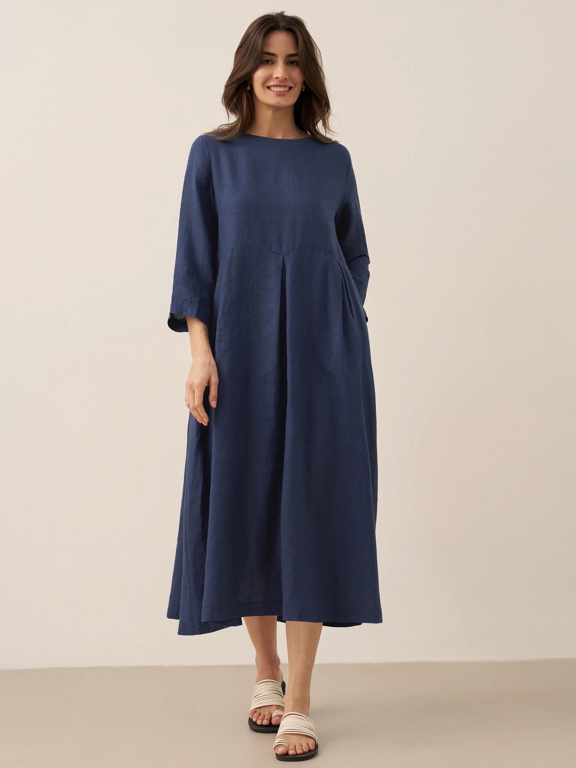 100% Linen Bateau Neck Pleated Maxi Dress ABIGAIL