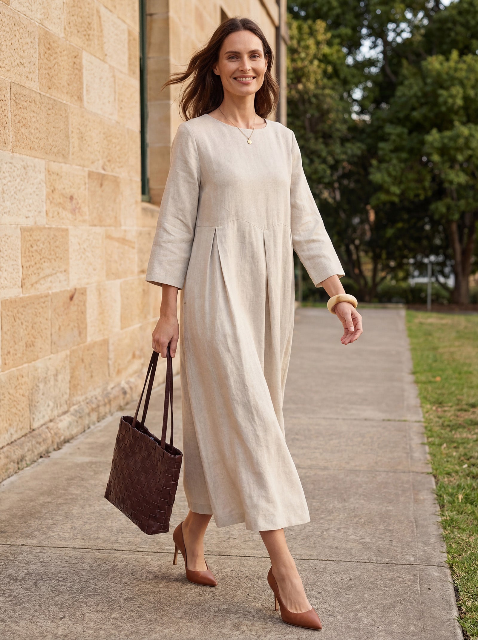 100% Linen Bateau Neck Pleated Maxi Dress ABIGAIL