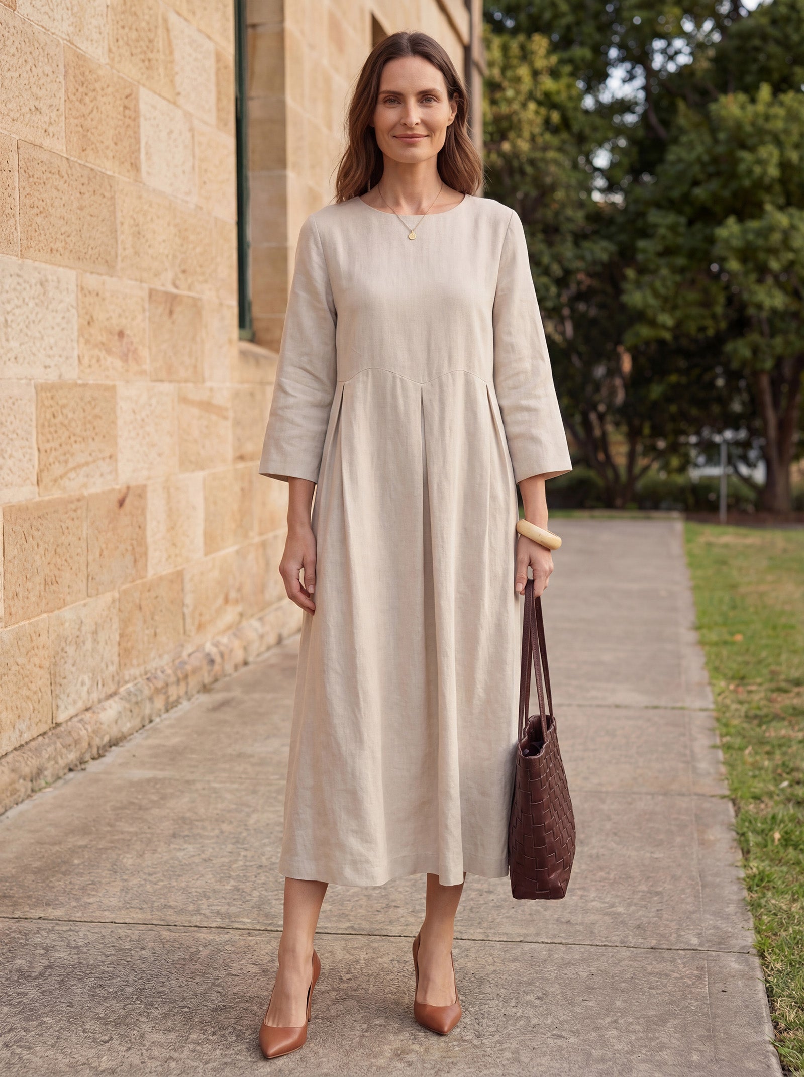 100% Linen Bateau Neck Pleated Maxi Dress ABIGAIL