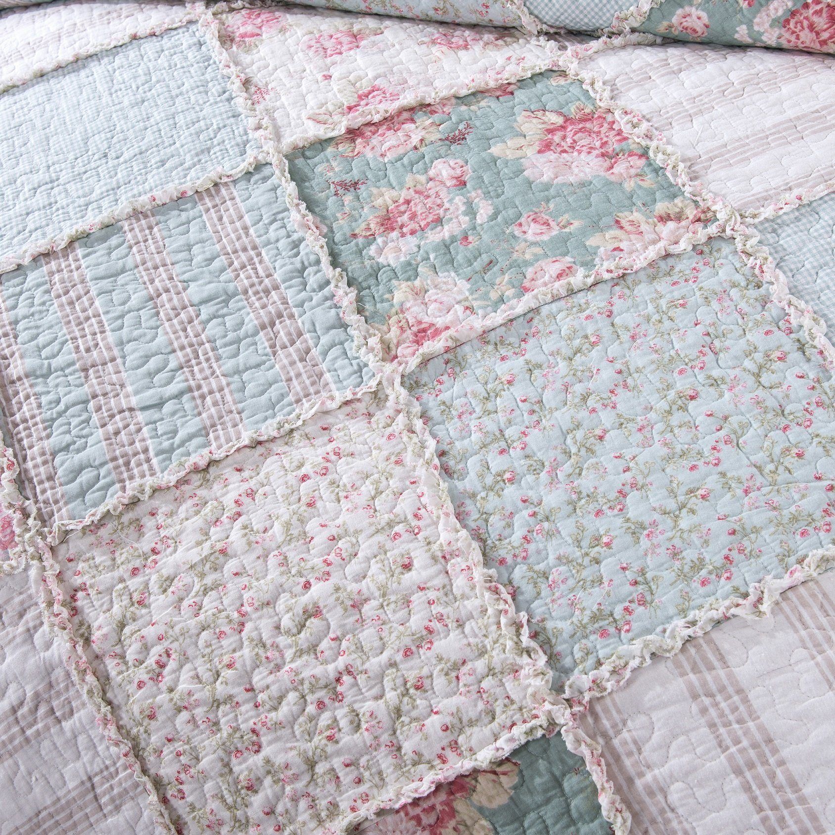 DaDa Bedding Hint of Mint Floral Pastel Cotton Patchwork Ruffle Bedspread Set (JHW-3036)